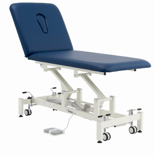 A medical examination table with a navy blue padded backrest and table top, supported by a white adjustable metal frame with casters and a foot pedal, shown on a plain white background.
